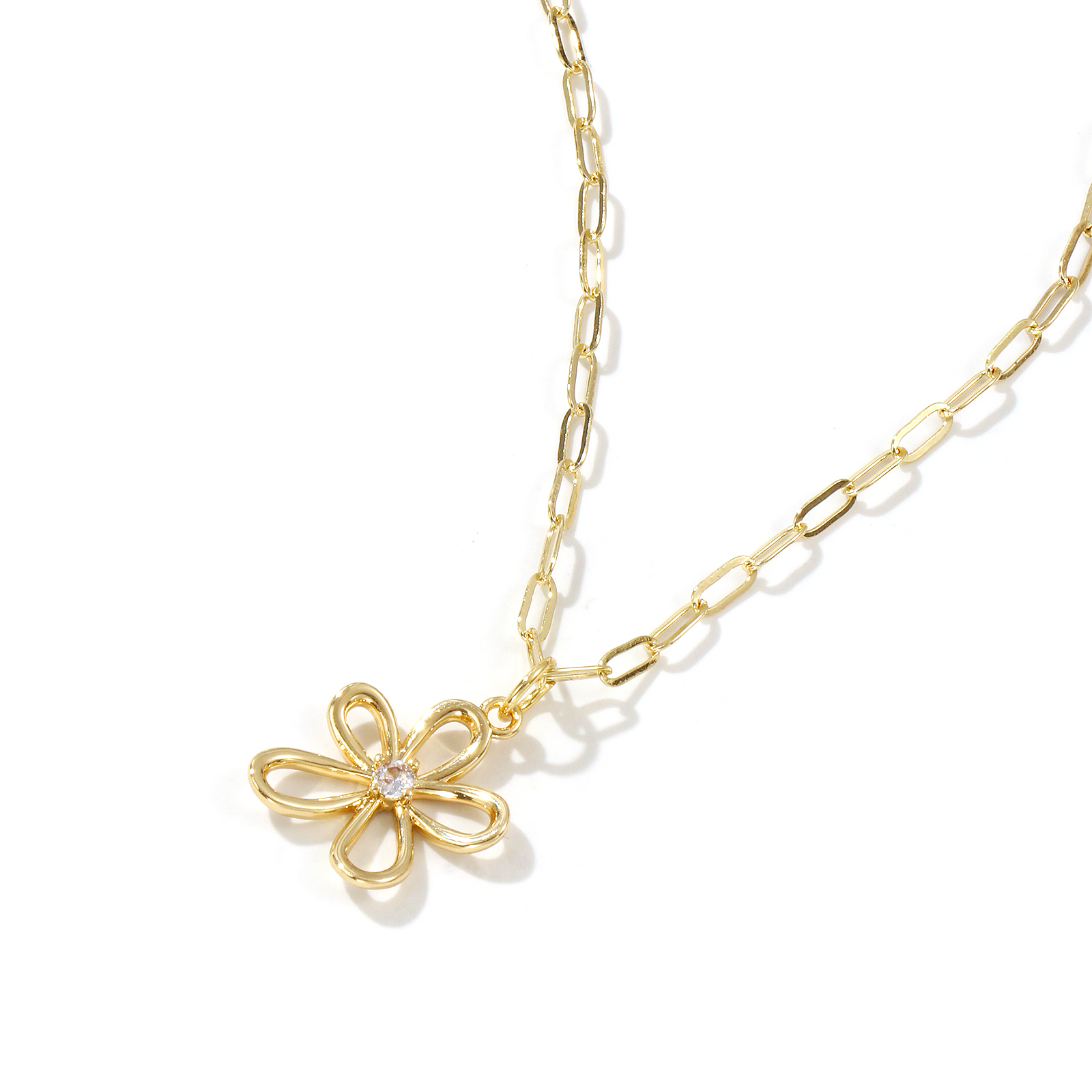 Picture of 18K Real Gold Plated Paperclip Link Chain Flower Pendant Charm Necklace, Brass 45cm(17.7") + 5cm(2"), For Women, Clear Cubic Zirconia Hollow, Stylish Exquisite Gift, Eco-friendly, 1 Piece