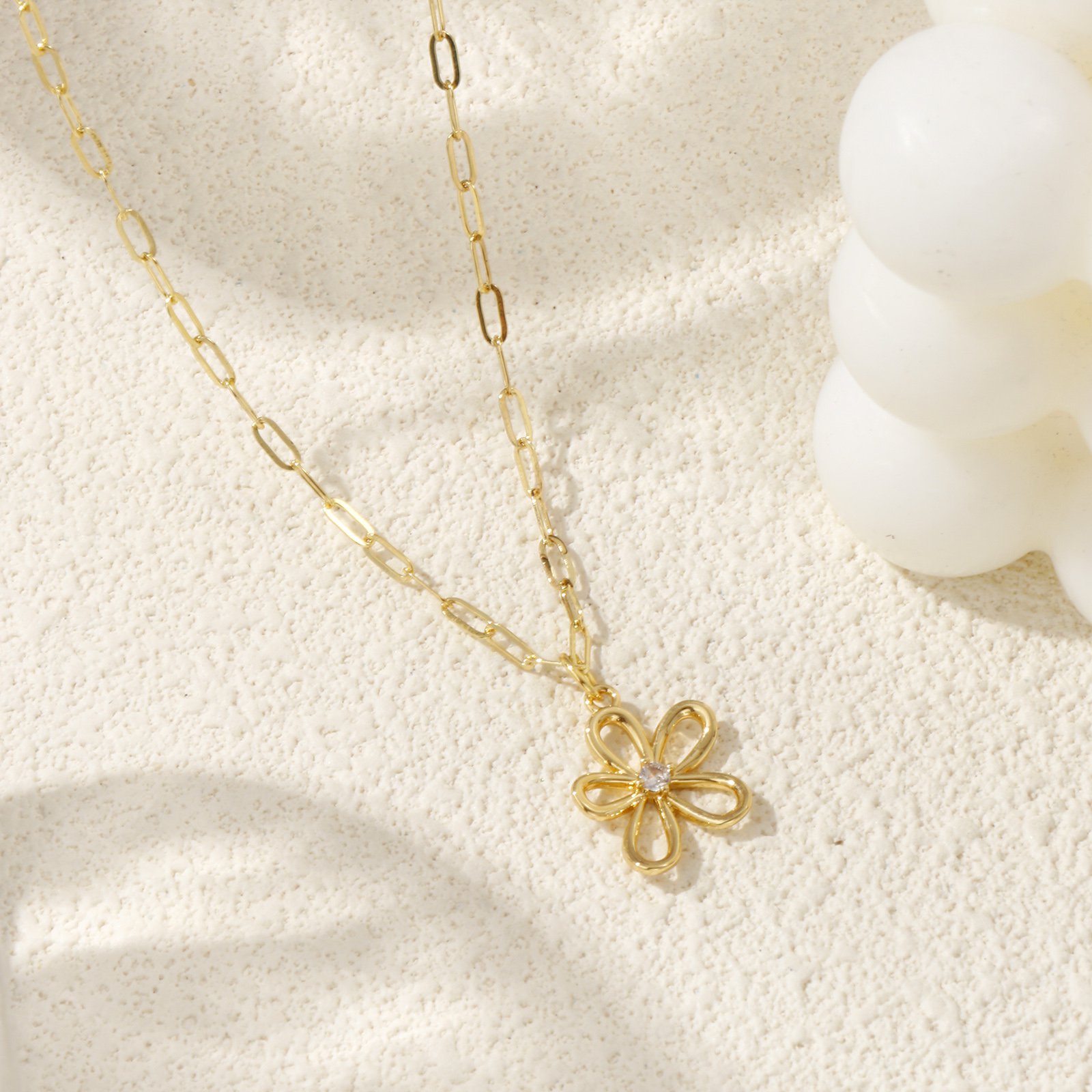 Picture of 18K Real Gold Plated Paperclip Link Chain Flower Pendant Charm Necklace, Brass 45cm(17.7") + 5cm(2"), For Women, Clear Cubic Zirconia Hollow, Stylish Exquisite Gift, Eco-friendly, 1 Piece