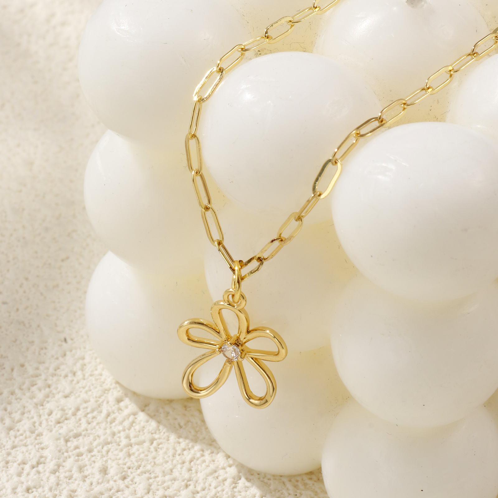 Picture of 18K Real Gold Plated Paperclip Link Chain Flower Pendant Charm Necklace, Brass 45cm(17.7") + 5cm(2"), For Women, Clear Cubic Zirconia Hollow, Stylish Exquisite Gift, Eco-friendly, 1 Piece
