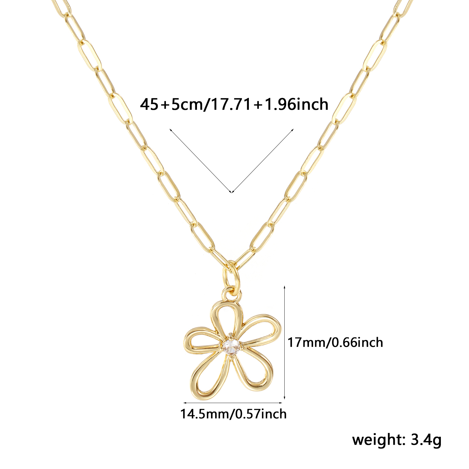 Picture of 18K Real Gold Plated Paperclip Link Chain Flower Pendant Charm Necklace, Brass 45cm(17.7") + 5cm(2"), For Women, Clear Cubic Zirconia Hollow, Stylish Exquisite Gift, Eco-friendly, 1 Piece