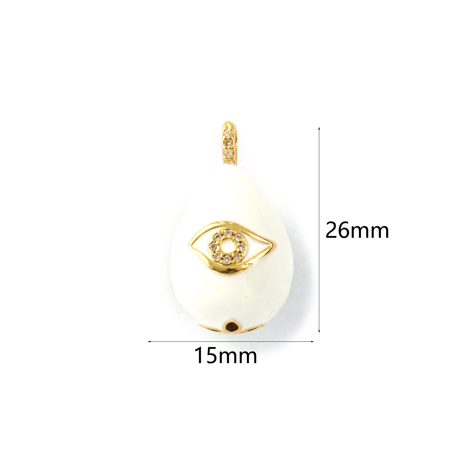 Picture of 1 Piece Eco-friendly Brass Charms 18K Real Gold Plated White Enamel Drop Eye 3D Clear Cubic Zirconia 26mm x 15mm