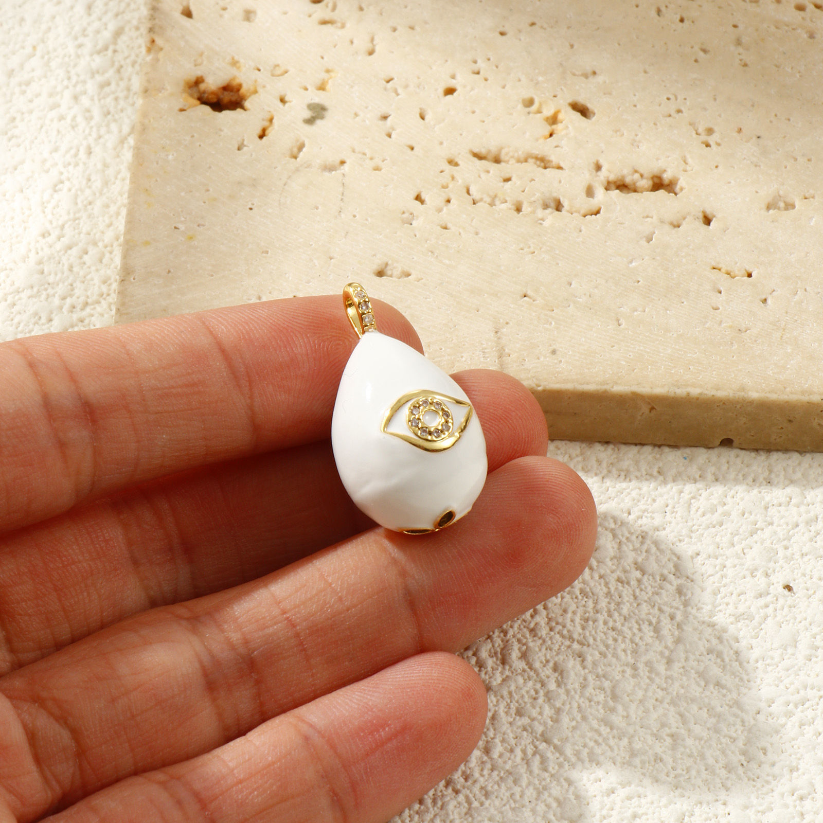 Picture of 1 Piece Eco-friendly Brass Charms 18K Real Gold Plated White Enamel Drop Eye 3D Clear Cubic Zirconia 26mm x 15mm