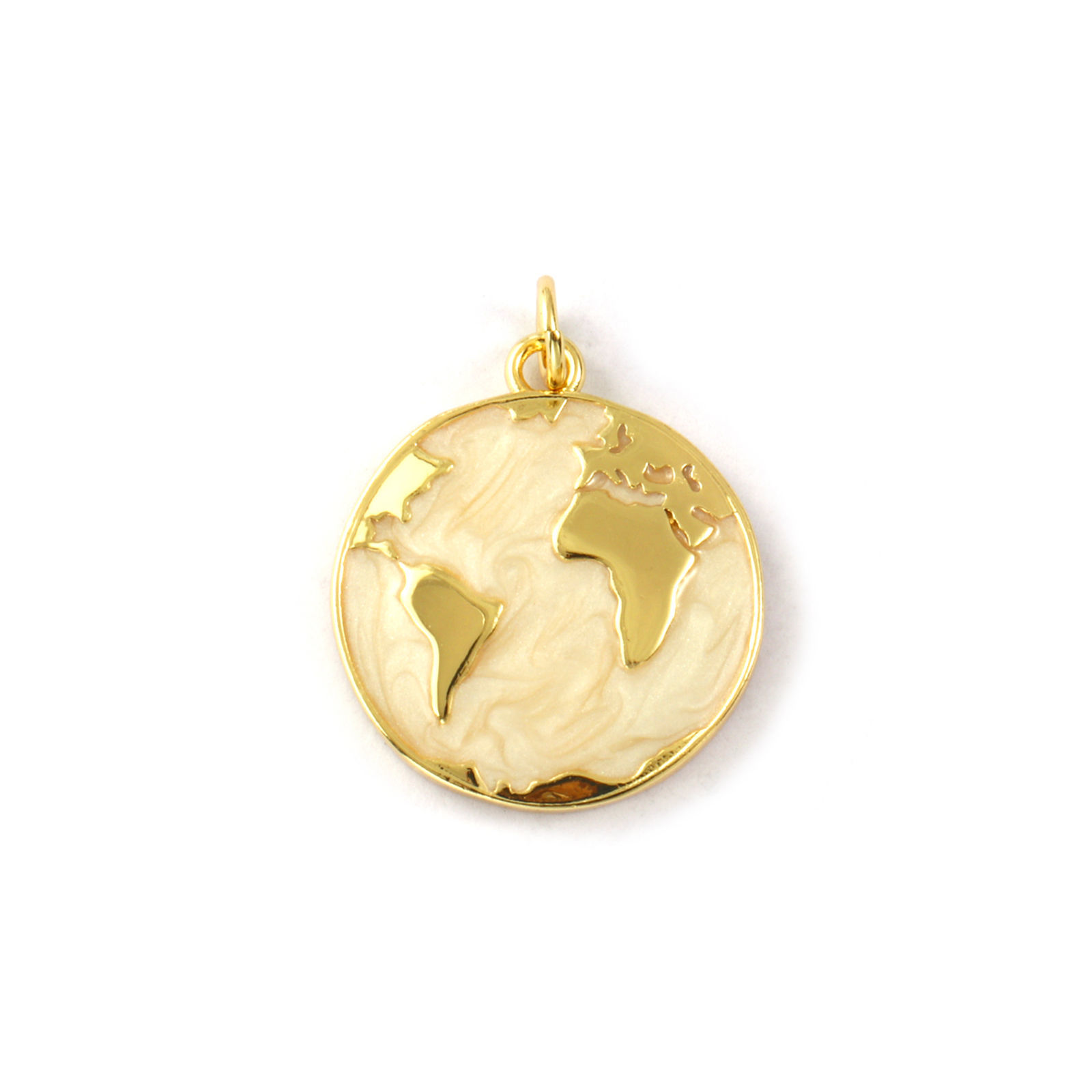 Picture of 2 PCs Eco-friendly Brass Charms 18K Real Gold Plated Beige Enamel Planet Earth Pearlized 24mm x 18mm