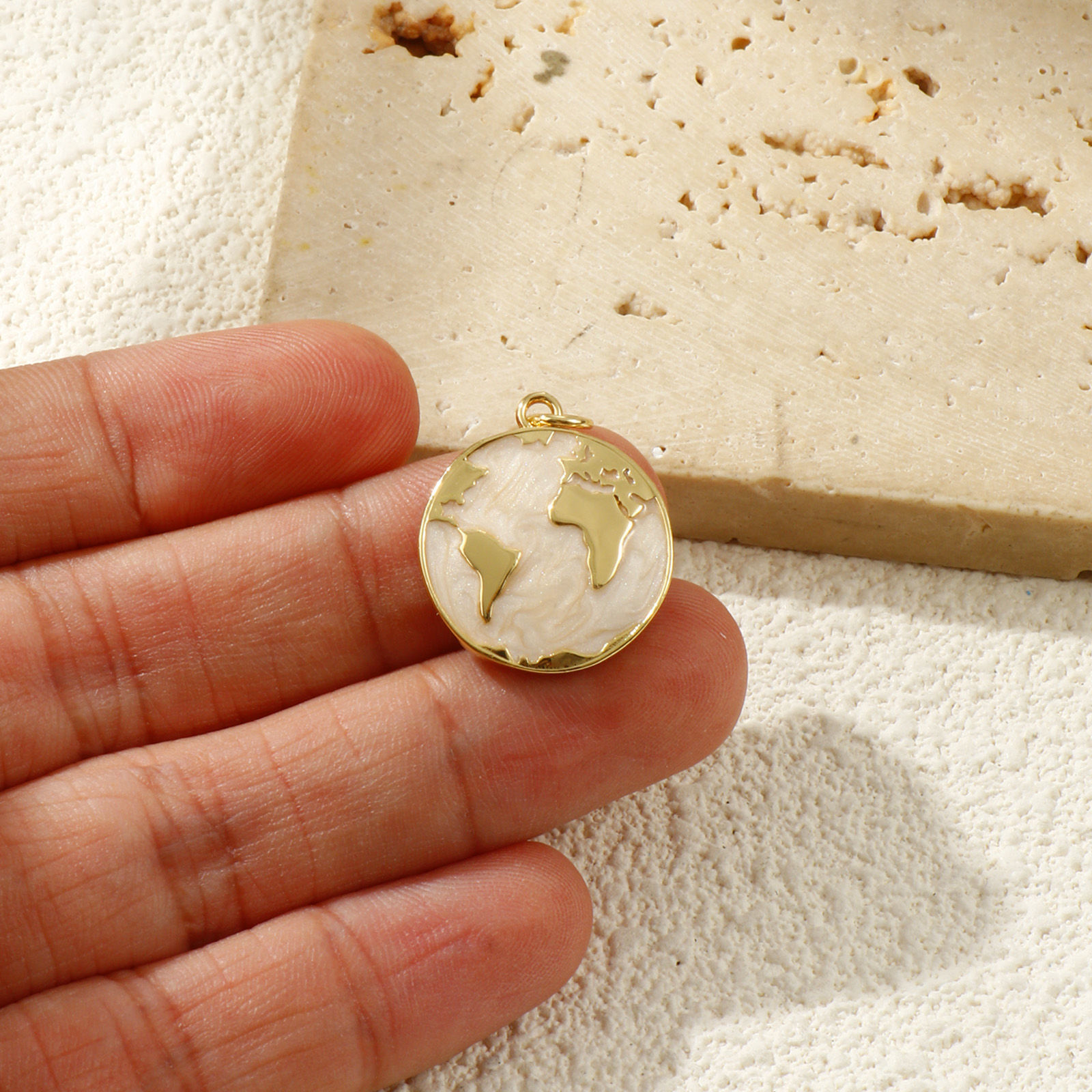 Picture of 2 PCs Eco-friendly Brass Charms 18K Real Gold Plated Beige Enamel Planet Earth Pearlized 24mm x 18mm