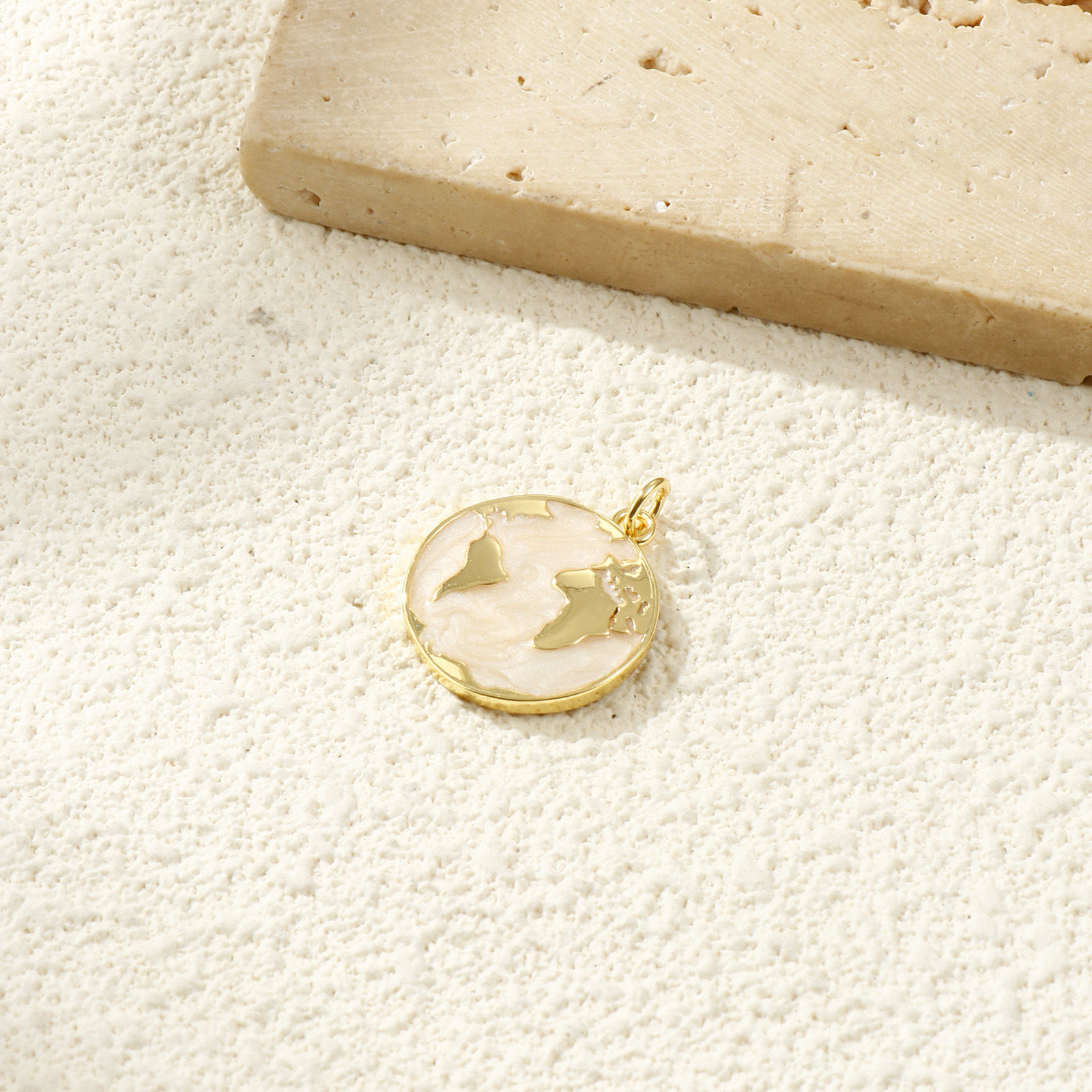 Picture of 2 PCs Eco-friendly Brass Charms 18K Real Gold Plated Beige Enamel Planet Earth Pearlized 24mm x 18mm
