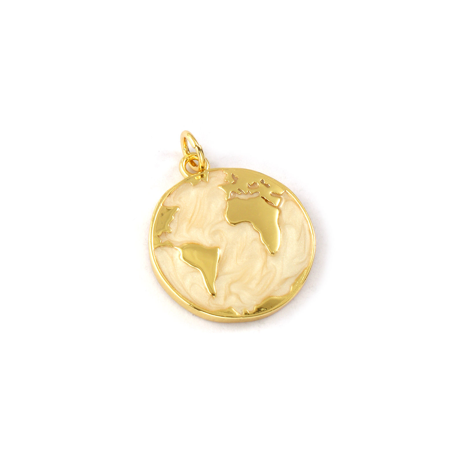 Picture of 2 PCs Eco-friendly Brass Charms 18K Real Gold Plated Beige Enamel Planet Earth Pearlized 24mm x 18mm