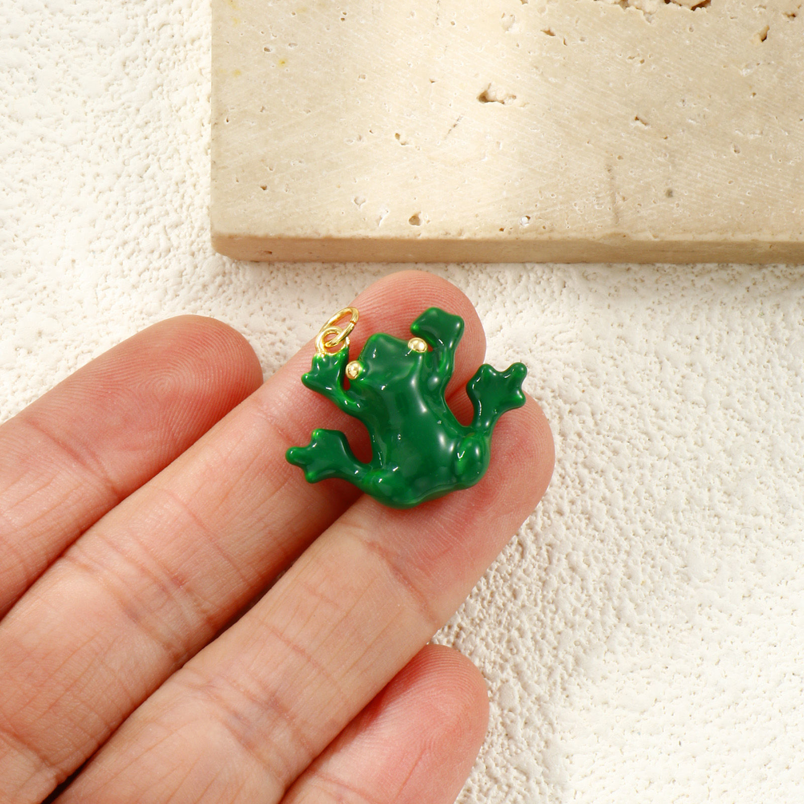 Picture of 1 Piece Eco-friendly Brass Pet Silhouette Charms 18K Real Gold Plated Green Enamel Frog Animal 3D 25mm x 23mm