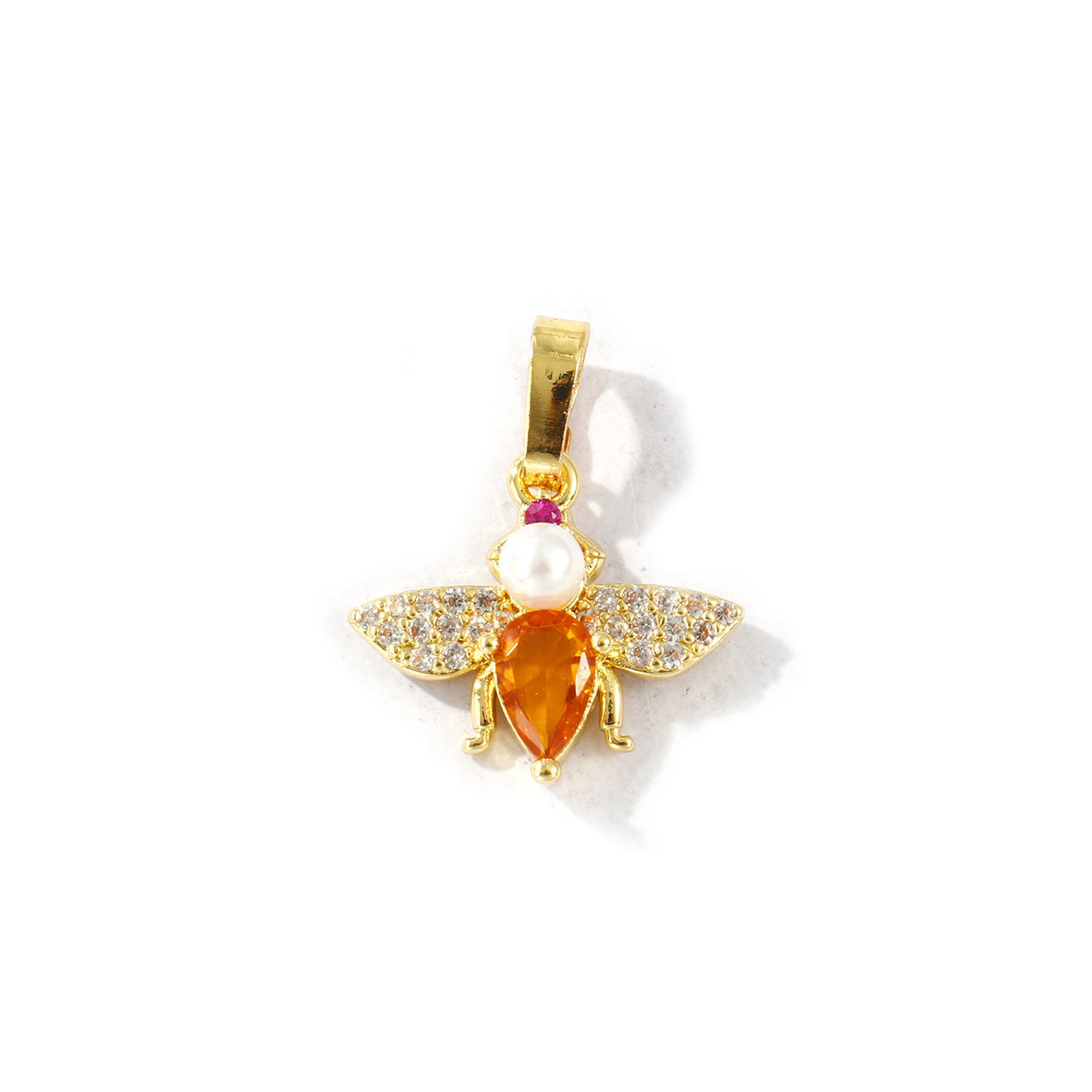 Picture of 2 PCs Brass Insect Charm Pendant 18K Gold Plated Bee Animal Acrylic Imitation Pearl Clear Rhinestone 19mm x 16mm