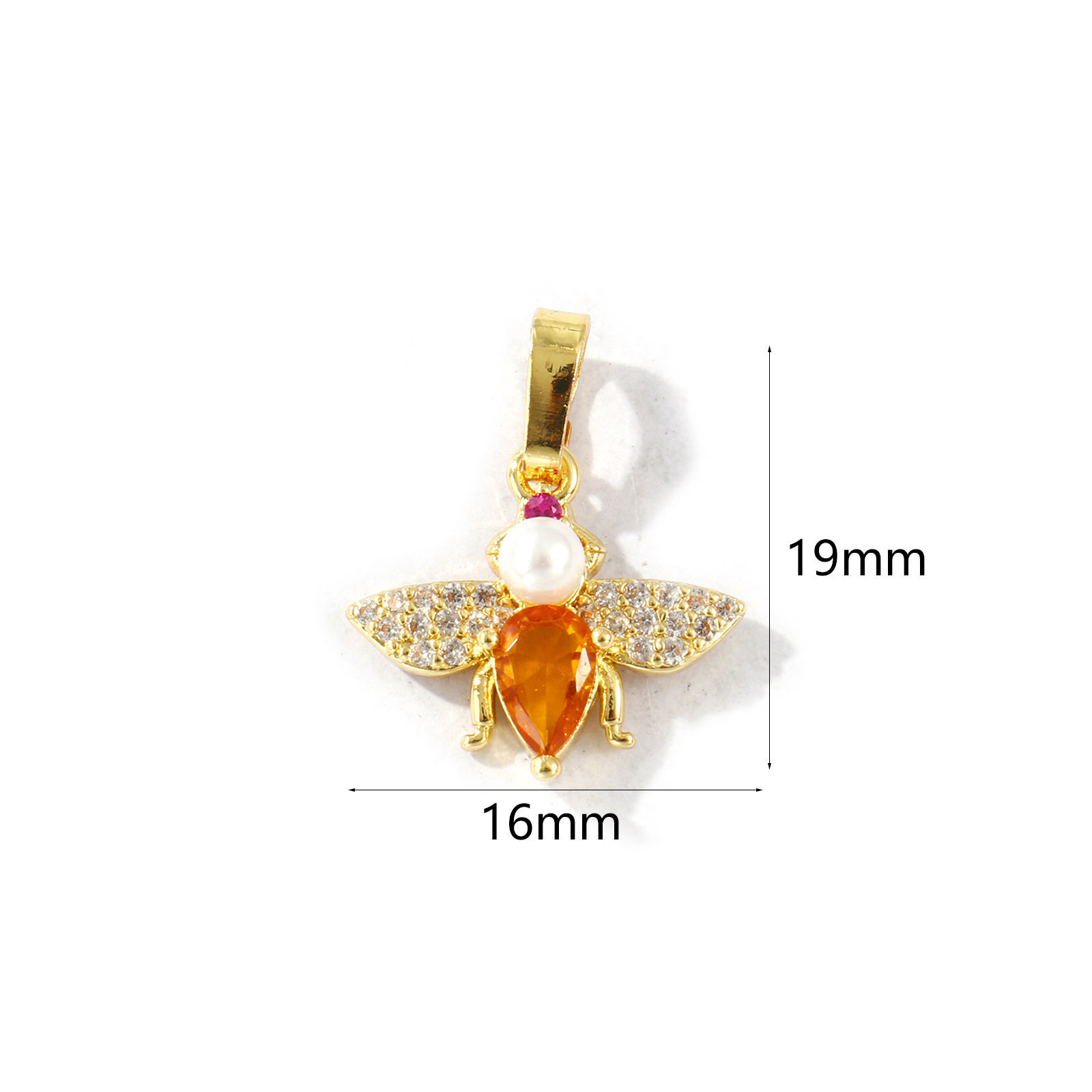 Picture of 2 PCs Brass Insect Charm Pendant 18K Gold Plated Bee Animal Acrylic Imitation Pearl Clear Rhinestone 19mm x 16mm