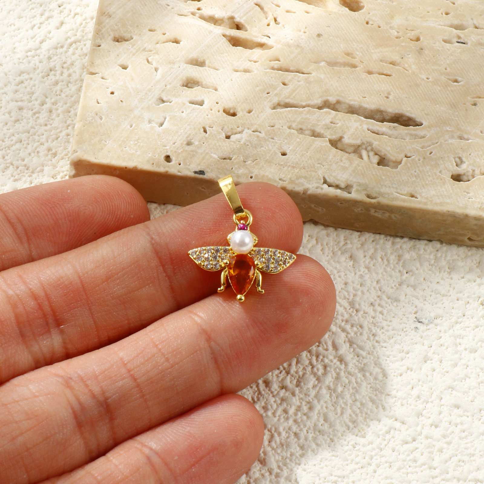 Picture of 2 PCs Brass Insect Charm Pendant 18K Gold Plated Bee Animal Acrylic Imitation Pearl Clear Rhinestone 19mm x 16mm