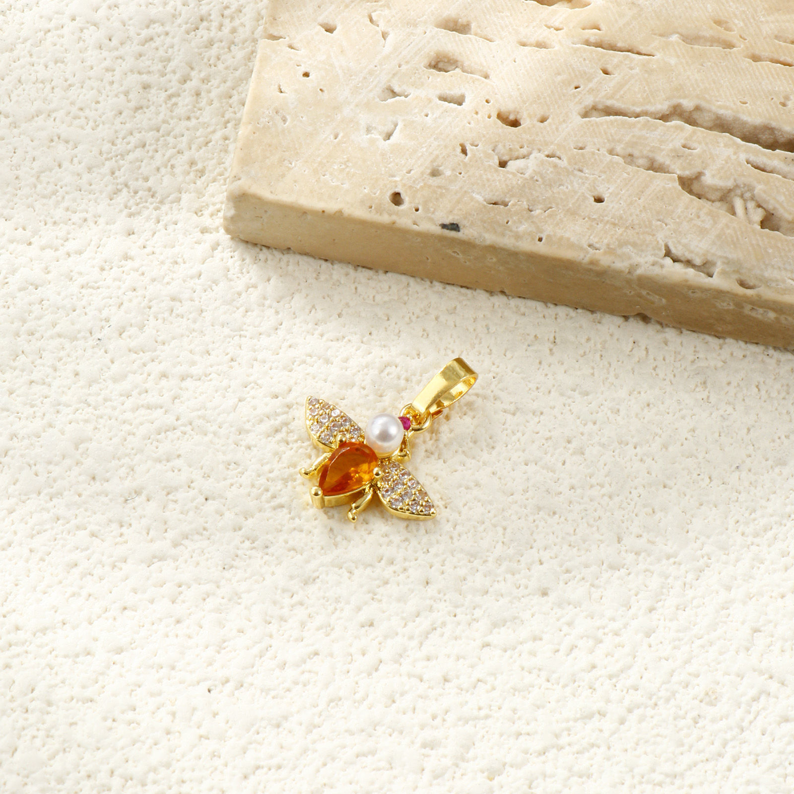 Picture of 2 PCs Brass Insect Charm Pendant 18K Gold Plated Bee Animal Acrylic Imitation Pearl Clear Rhinestone 19mm x 16mm