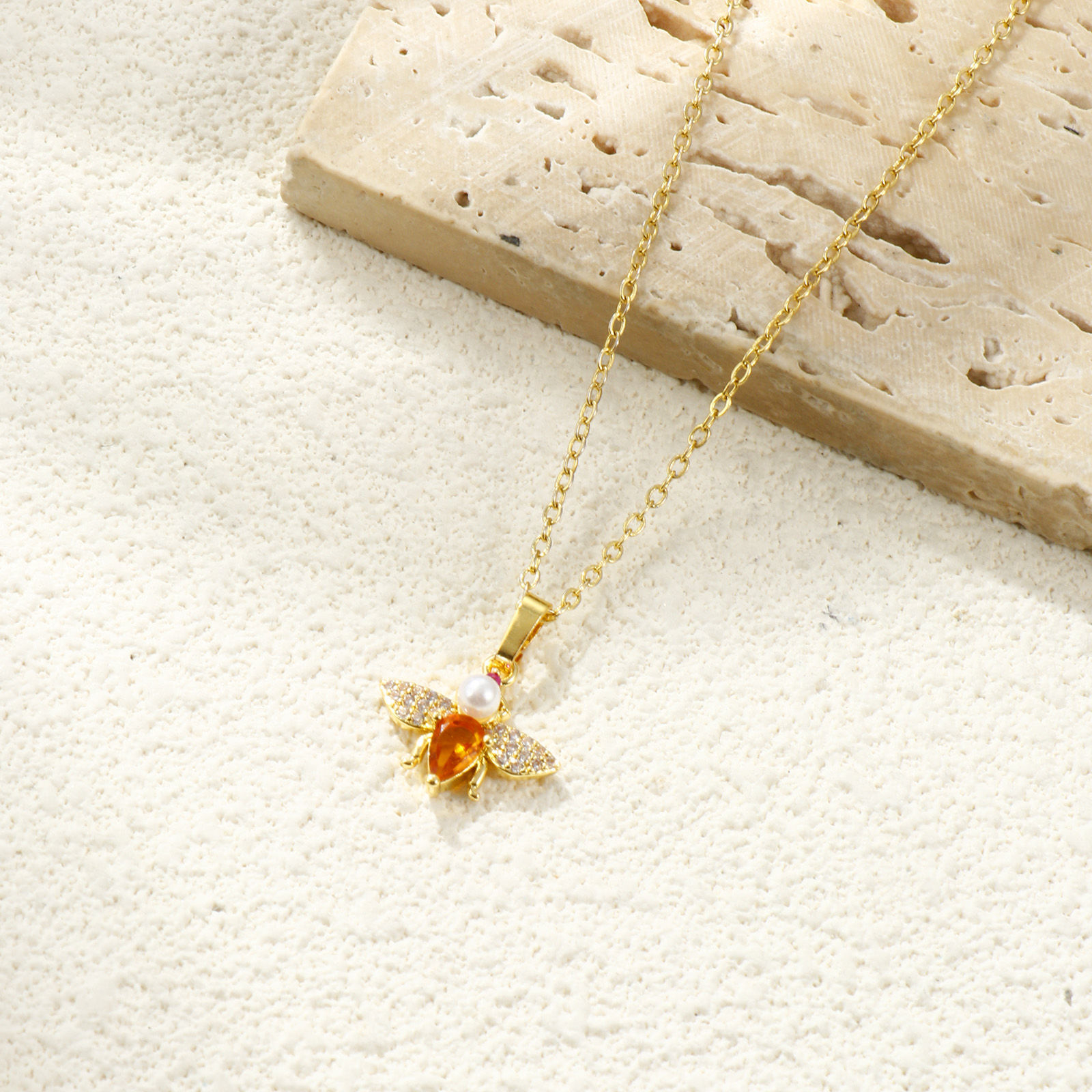 Picture of 2 PCs Brass Insect Charm Pendant 18K Gold Plated Bee Animal Acrylic Imitation Pearl Clear Rhinestone 19mm x 16mm