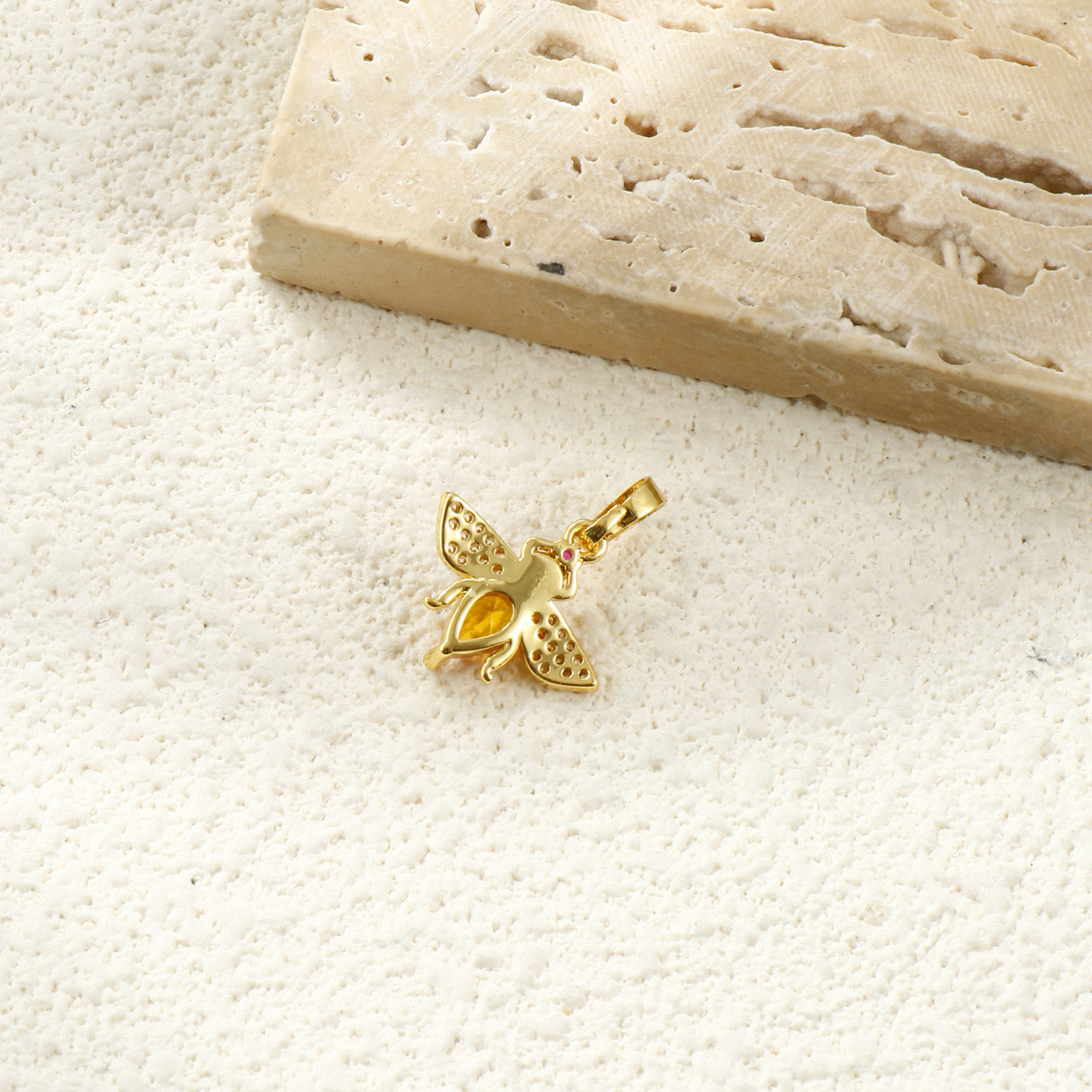 Picture of 2 PCs Brass Insect Charm Pendant 18K Gold Plated Bee Animal Acrylic Imitation Pearl Clear Rhinestone 19mm x 16mm