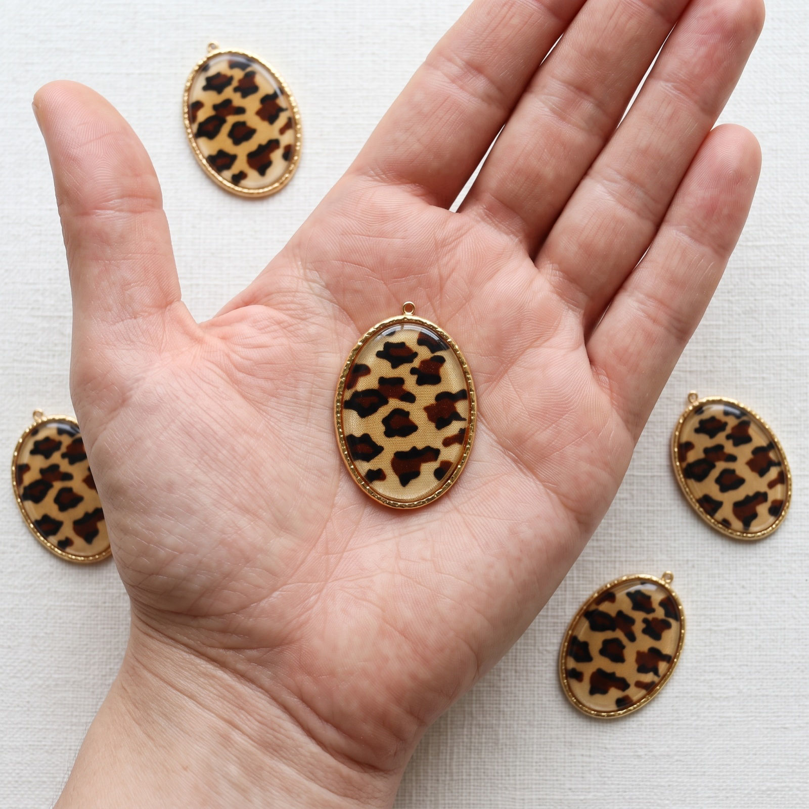 Picture of 1 Piece Eco-friendly PVD Waterproof Anti-Tarnish Hypoallergenic 304 Stainless Steel Pendants Wholesale 18K Real Gold Plated Brown Oval Leopard Print With Glass Cabochons 3.8cm x 2.6cm
