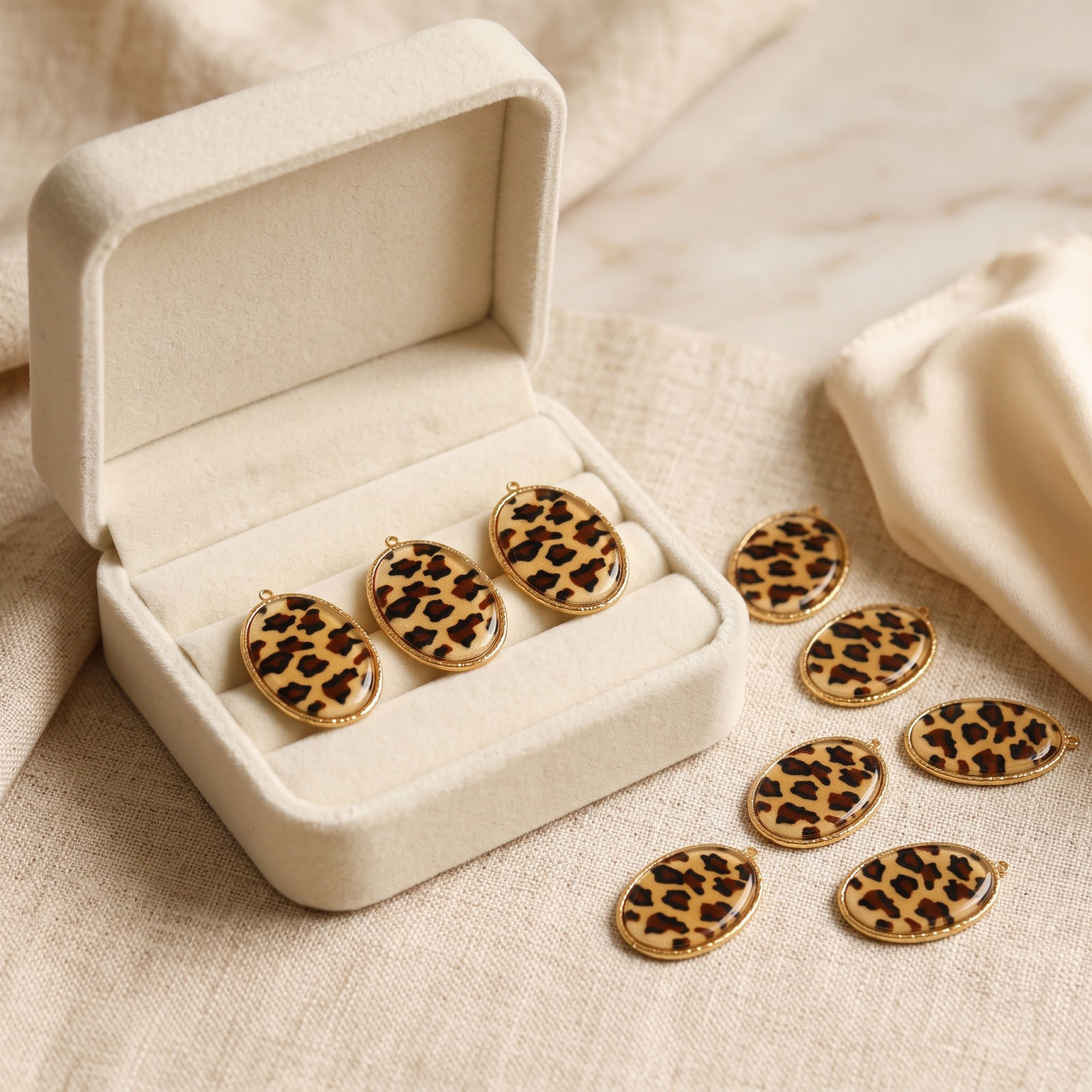 Picture of 1 Piece Eco-friendly PVD Waterproof Anti-Tarnish Hypoallergenic 304 Stainless Steel Pendants Wholesale 18K Real Gold Plated Brown Oval Leopard Print With Glass Cabochons 3.8cm x 2.6cm