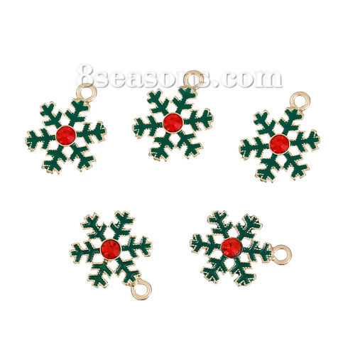 Picture of Zinc Based Alloy Charms Christmas Snowflake Gold Plated Red Rhinestone Green Enamel 23mm( 7/8") x 17mm( 5/8"), 5 PCs