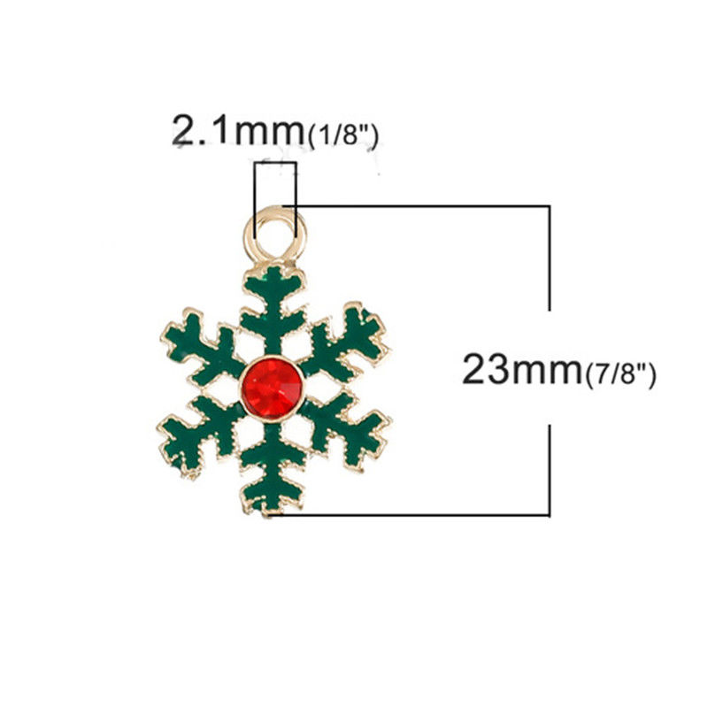 Picture of Zinc Based Alloy Charms Christmas Snowflake Gold Plated Red Rhinestone Green Enamel 23mm( 7/8") x 17mm( 5/8"), 5 PCs