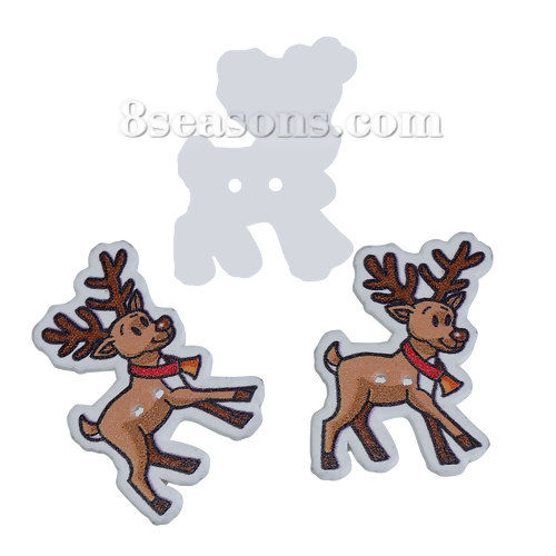 Picture of Natural Wood Sewing Buttons Scrapbooking 2 Holes Christmas Reindeer Brown 35mm(1 3/8") x 27mm(1 1/8"), 30 PCs