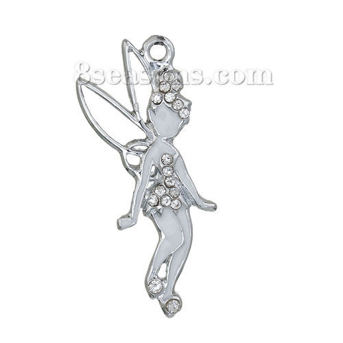 Picture of Zinc Based Alloy Pendants Fairy Silver Tone White Clear Rhinestone Enamel Hollow 37mm(1 4/8") x 17mm( 5/8"), 3 PCs