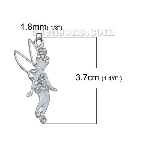 Picture of Zinc Based Alloy Pendants Fairy Silver Tone White Clear Rhinestone Enamel Hollow 37mm(1 4/8") x 17mm( 5/8"), 3 PCs