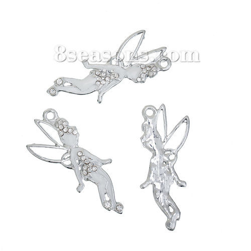 Picture of Zinc Based Alloy Pendants Fairy Silver Tone White Clear Rhinestone Enamel Hollow 37mm(1 4/8") x 17mm( 5/8"), 3 PCs