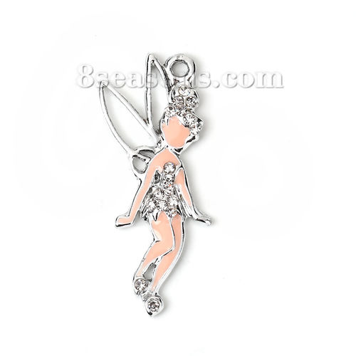 Picture of Zinc Based Alloy Pendants Fairy Silver Tone White Clear Rhinestone Enamel Hollow 37mm(1 4/8") x 17mm( 5/8"), 3 PCs