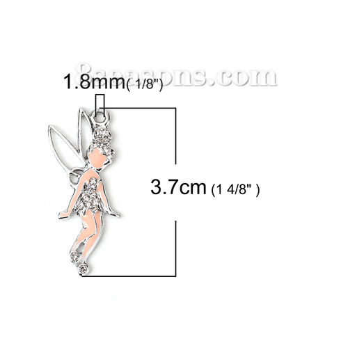 Picture of Zinc Based Alloy Pendants Fairy Silver Tone White Clear Rhinestone Enamel Hollow 37mm(1 4/8") x 17mm( 5/8"), 3 PCs
