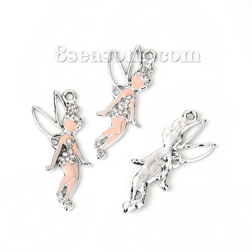 Picture of Zinc Based Alloy Pendants Fairy Silver Tone White Clear Rhinestone Enamel Hollow 37mm(1 4/8") x 17mm( 5/8"), 3 PCs