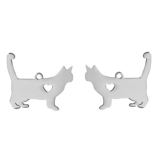 Picture of 304 Stainless Steel Pet Silhouette Charms Cat Animal Silver Tone The Cat Has My Heart 29mm(1 1/8") x 25mm(1"), 2 PCs
