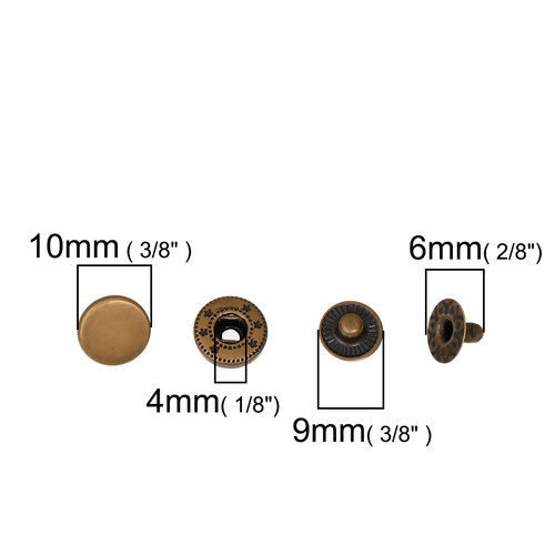 Picture of Brass Metal Snap Fastener Buttons Round Antique Bronze 10mm x6mm( 3/8" x 2/8") 10mm x4mm( 3/8" x 1/8") 9mm x6mm( 3/8" x 2/8") 9mm x3mm( 3/8" x 1/8"), 20 Sets(4 PCs/Set)