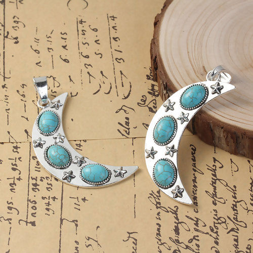 Picture of Zinc Based Alloy Boho Chic Pendants Half Moon Antique Silver Color Blue Pentagram Star Imitation Turquoise 79mm(3 1/8") x 31mm(1 2/8"), 1 Piece