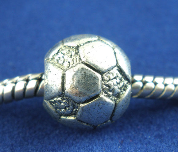 Picture of Zinc Based Alloy European Style Large Hole Charm Beads Antique Silver Color Football 11mm x 10mm, Hole: Approx 4.6mm, 15 PCs