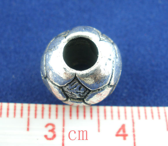 Picture of Zinc Based Alloy European Style Large Hole Charm Beads Antique Silver Color Football 11mm x 10mm, Hole: Approx 4.6mm, 15 PCs