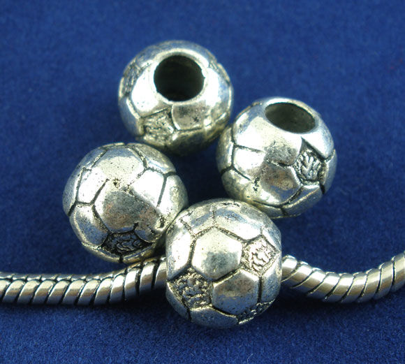 Picture of Zinc Based Alloy European Style Large Hole Charm Beads Antique Silver Color Football 11mm x 10mm, Hole: Approx 4.6mm, 15 PCs