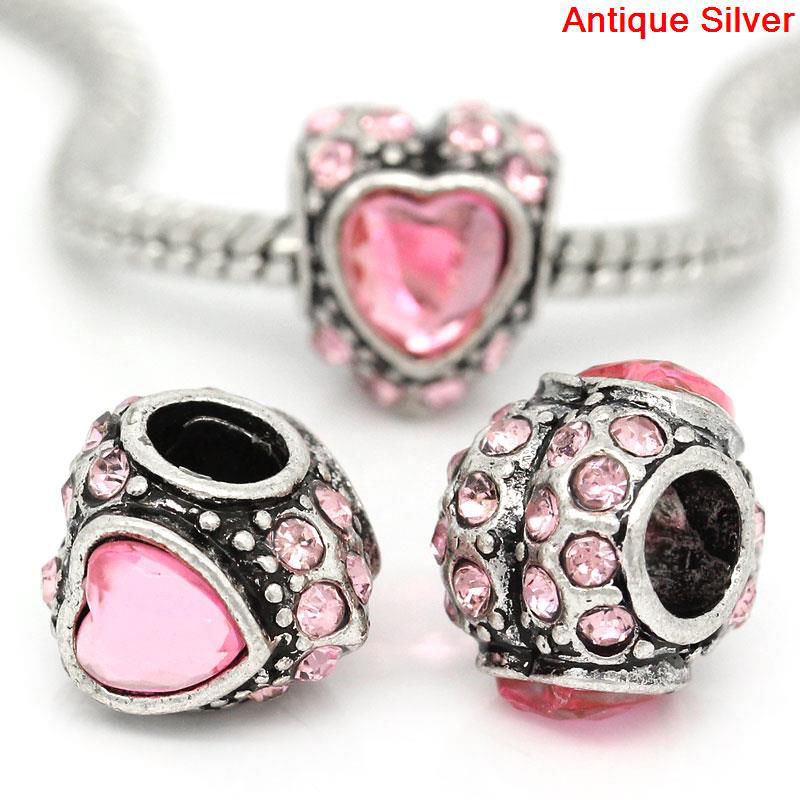 Picture of Zinc Metal Alloy European Style Large Hole Charm Beads Love Heart Antique Silver Pink Rhinestone About 12mm x 10mm, Hole: Approx 4.8mm, 10 PCs