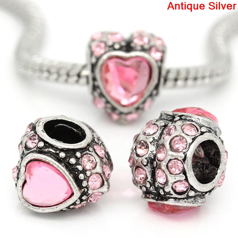 Picture of Zinc Metal Alloy European Style Large Hole Charm Beads Love Heart Antique Silver Pink Rhinestone About 12mm x 10mm, Hole: Approx 4.8mm, 10 PCs