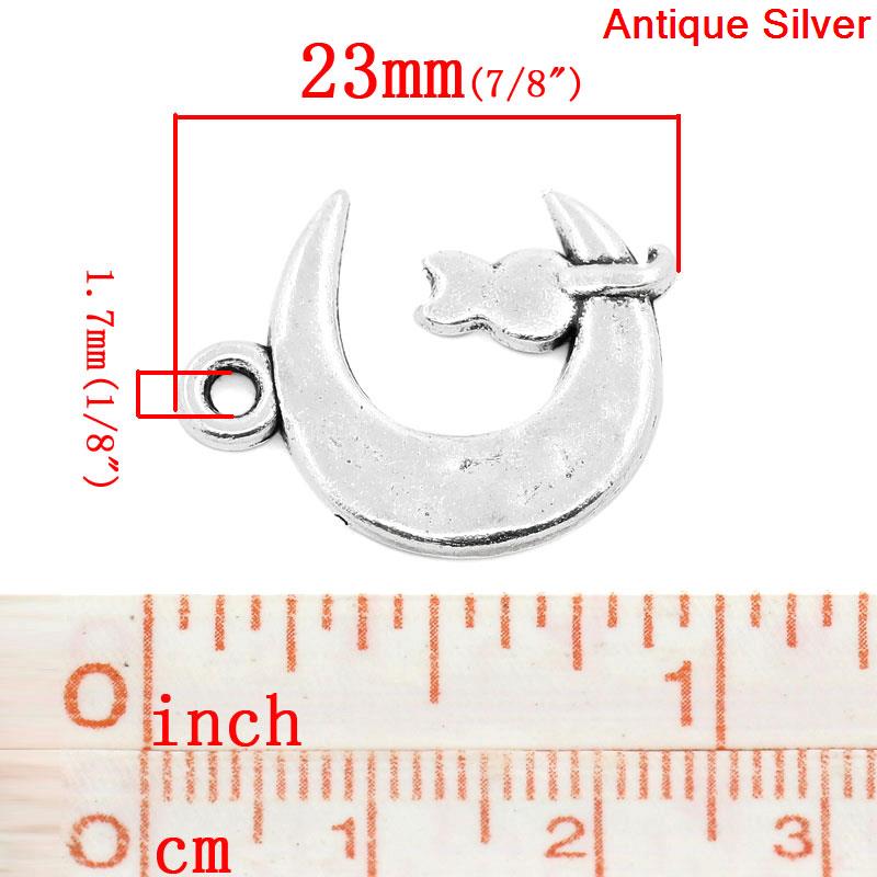 Picture of Zinc Based Alloy Charms Half Moon Antique Silver Cat Carved 23mm( 7/8") x 18mm( 6/8"), 50 PCs