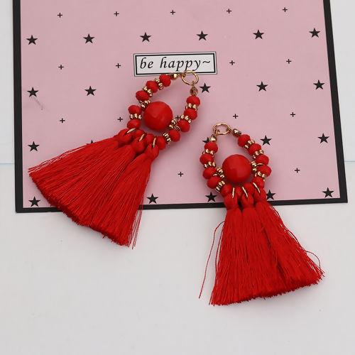 Picture of Polyester & Acrylic Tassel Pendants Drop Gold Plated Red Beaded Faceted About 8cm(3 1/8") x 6cm(2 3/8"), 3 PCs