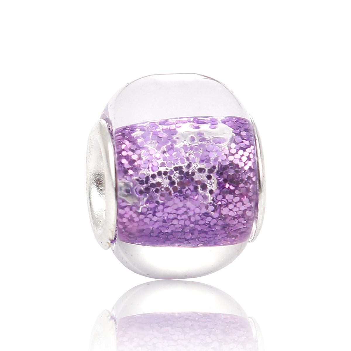 Picture of Zinc Based Alloy & Glass European Style Large Hole Charm Beads Round Silver Plated Purple Glitter About 14mm Dia, Hole: Approx 4.8mm, 20 PCs