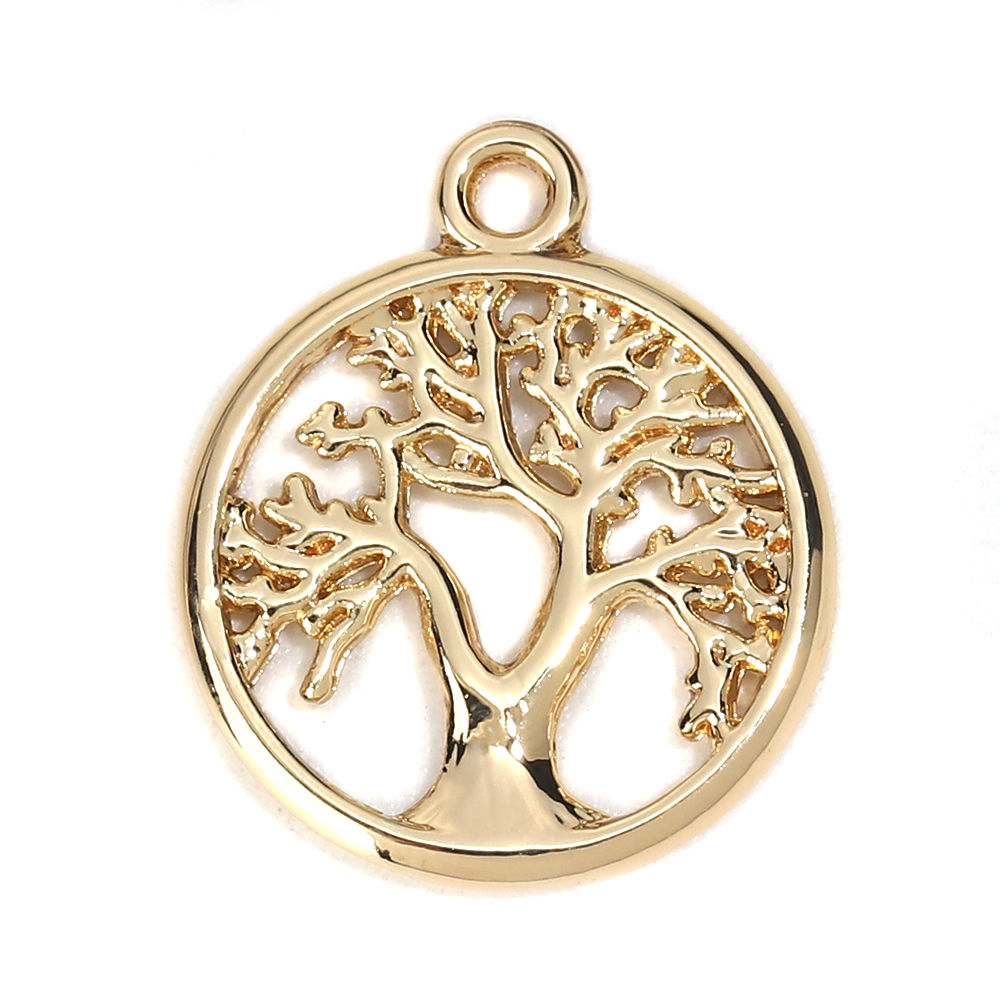 Imagen de Zamak Colgantes Charms Ronda Chapado en Oro Árbol 19mm x 16mm, 10 Unidades