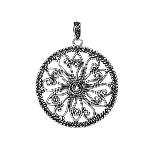 Imagen de Zamak Bohemia Colgantes Ronda Plata Antigua Flor 77mm x 60mm, 2 Unidades