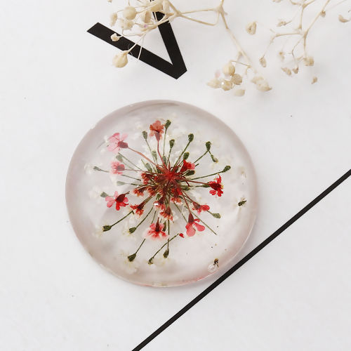 Immagine di Resina Dome Seals Cabochon Tondo Bianco & Rosso Fiore " Trasparente 25mm Dia, 10 Pz