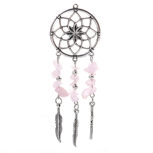 Immagine di Lega di Zinco Ciondoli Cacciatore di sogni Argento Antico Rosa Piuma 10.1cm x 3.5cm , 1 Pz