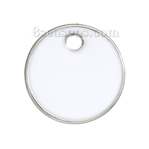 Picture of Zinc Based Alloy Epoxy Enamel Sequins Charms Round Disc Silver Tone White 16mm( 5/8") Dia, 5 PCs