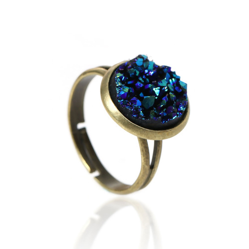 Picture of New Fashion Copper Adjustable Druzy /Drusy Rings Round Antique Bronze Royal Blue AB Color 16.7mm( 5/8")(US size 6.25), 2 PCs