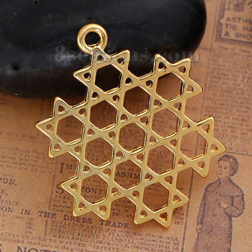 Picture of Zinc Based Alloy Religious Jewelry Star Of David Pendants Gold Plated Hollow 38mm(1 4/8") x 30mm(1 1/8"), 10 PCs