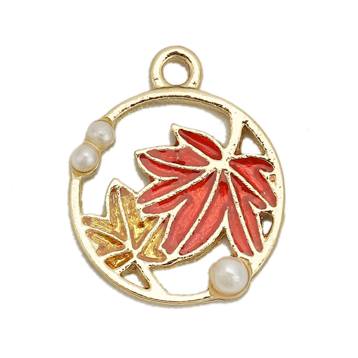 Imagen de Zamak Colgantes Charms Ronda Chapado en Oro Rojo Hoja de Arce Esmalte 18mm x 15mm, 5 Unidades