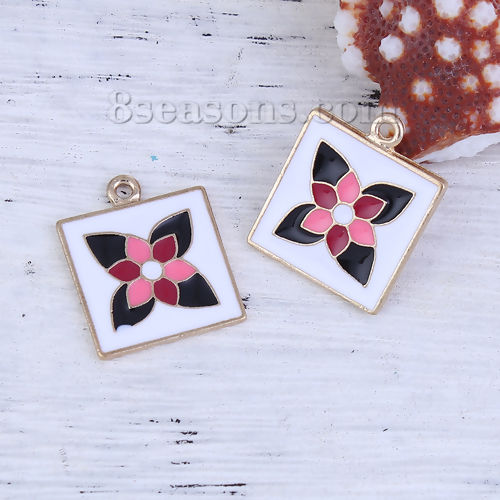 Bild von Charms aus zinkbasierter Legierung mit quadratischem Blumenemail-Stickereieffekt