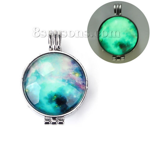 Picture of Zinc Based Alloy Glow In The Dark Aromatherapy Essential Oil Diffuser Locket Pendants Round Disc Silver Tone Green Galaxy Universe Can Open (Fits 24mm Dia.) 39mm(1 4/8") x 27mm(1 1/8"), 1 Piece