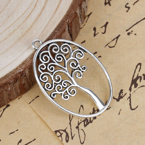Imagen de Zamak Colgantes Ronda Plata Antigua Árbol Hueco 40mm x 27mm, 10 Unidades